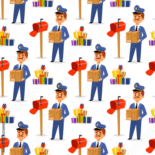 Postman delivery man character vector courier occupation carrier package mail shipping deliver professional people with envelope seamless pattern background.