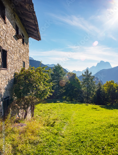 Traditional stone Houses in Italian Dolomites Popular touristic attraction, Village Ronch, Italy photo