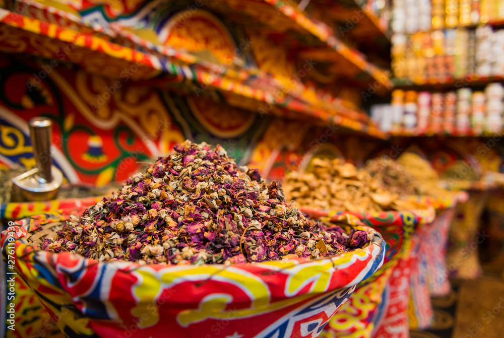 Fototapeta premium tea and different ingredients on shelf of night market street shops
