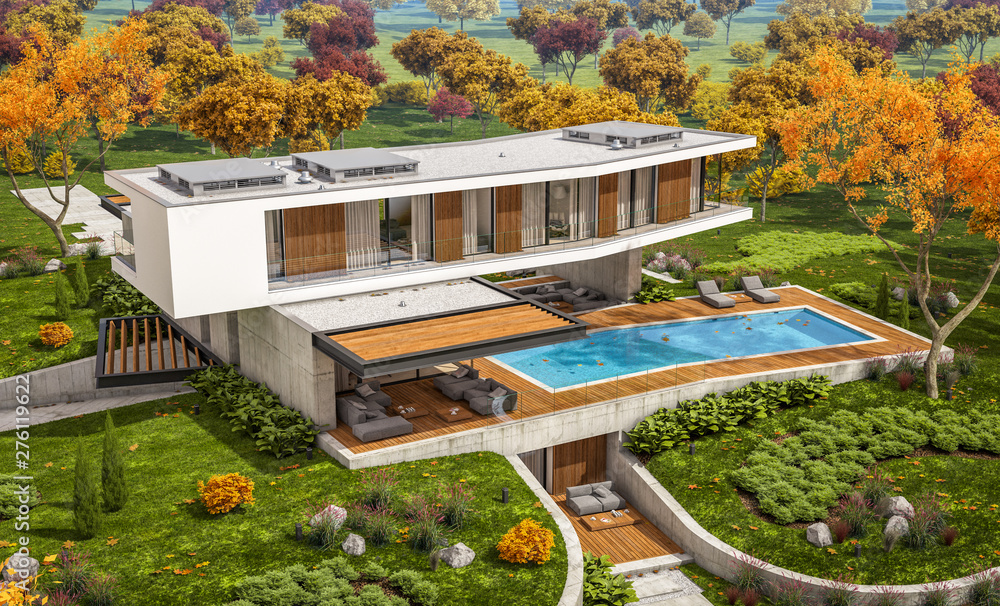 3d rendering of modern cozy house on the hill with garage and pool for sale or rent with beautiful landscaping on background. Clear sunny autumn day with golden leafs anywhere