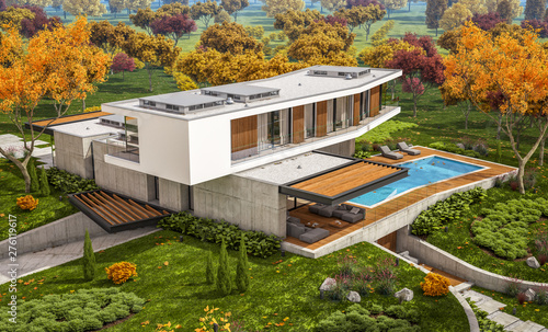 3d rendering of modern cozy house on the hill with garage and pool for sale or rent with beautiful landscaping on background. Clear sunny autumn day with golden leafs anywhere © korisbo