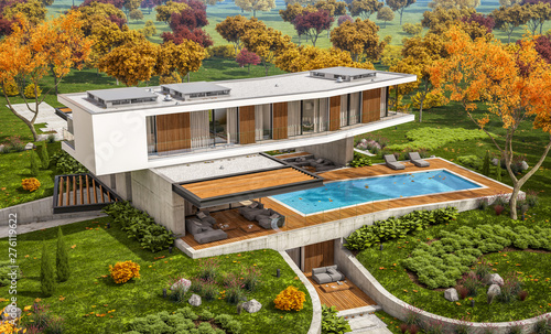 3d rendering of modern cozy house on the hill with garage and pool for sale or rent with beautiful landscaping on background. Clear sunny autumn day with golden leafs anywhere © korisbo