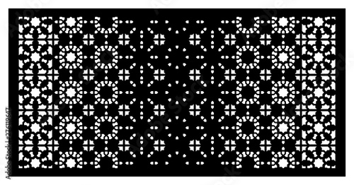 Islamic cnc arabesque vector panel. Laser cutting. Template for interior partition in arabic style. Ratio 1:2