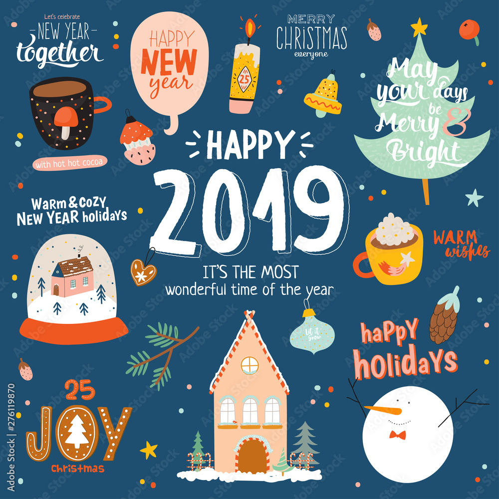Merry Christmas And Happy New 2019 Year card template with holiday lettering and traditional christmas illustration. Cute elements in scandinavian style. Vector backround. 