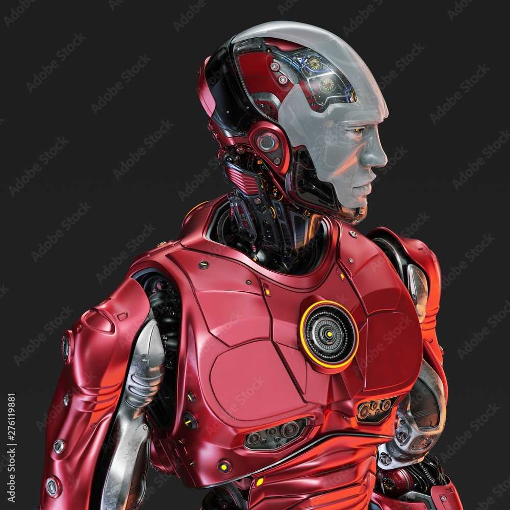 Athletic robot in red with white semi-transparent facial mask, 3d rendering Athletic robot in red with white semi-transparent facial mask, 3d rendering