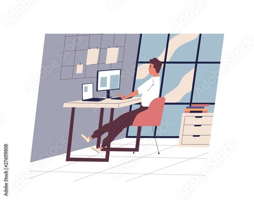 Cute funny man sitting at desk and working on computer at modern office. Young professional or male employee at workplace. Daily routine, everyday life. Flat cartoon colorful vector illustration.