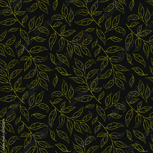 Seamless pattern with golden silhouettes of leaves and branches on black background. Design for fabrics, wallpapers, textiles, web design.