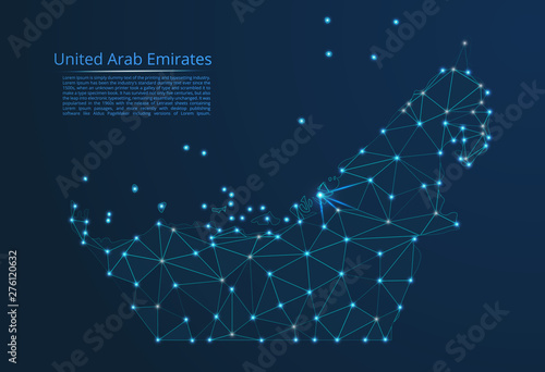 United Arab Emirates communication network map. Vector low poly image of a global map with lights in the form of cities in or population density consisting of points and shapes