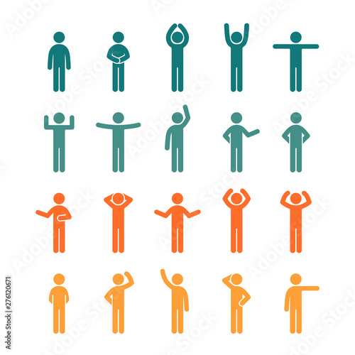 Different poses stick figure people pictogram colored icon set. Human symbol sign. Infographics people set.