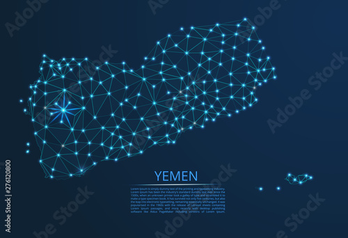 Yemen communication network map. Vector low poly image of a global map with lights in the form of cities in or population density consisting of points and shapes in the form of stars and space.