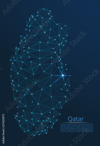 Qatar communication network map. Vector low poly image of a global map with lights in the form of cities in or population density consisting of points and shapes in the form of stars and space.