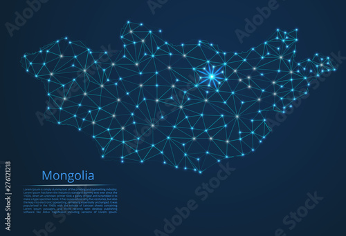 Mongolia communication network map. Vector low poly image of a global map with lights in the form of cities in or population density consisting of points and shapes in the form of stars and space.