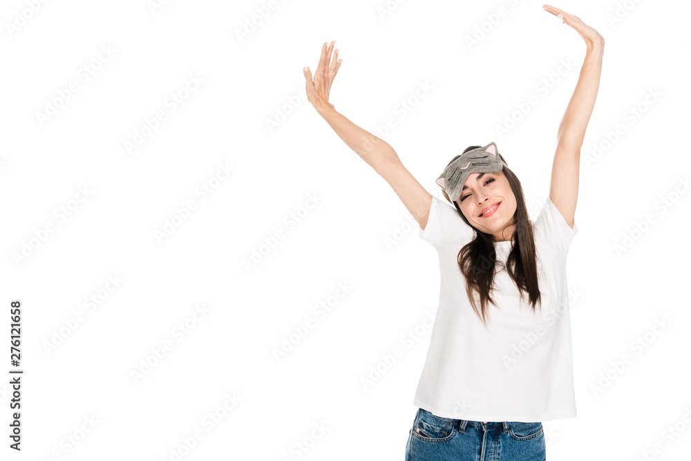 smiling brunette young woman in cat sleeping eye mask stretching herself isolated on white smiling brunette young woman in cat sleeping eye mask stretching herself isolated on white