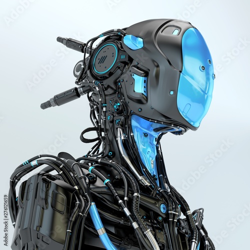 Black robotic soldier pilot with blue elements, 3d rendering