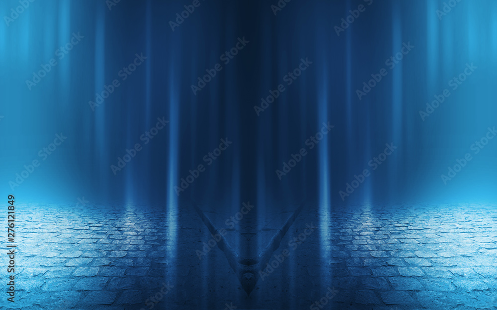 Fototapeta premium Empty background scene. Dark street reflection on wet asphalt. Rays of neon light in the dark, neon figures, smoke. Background of empty stage show. Abstract dark background.