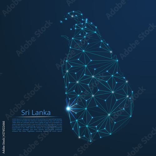 Sri Lanka communication network map. Vector low poly image of a global map with lights in the form of cities in or population density consisting of points and shapes in the form of stars and space.