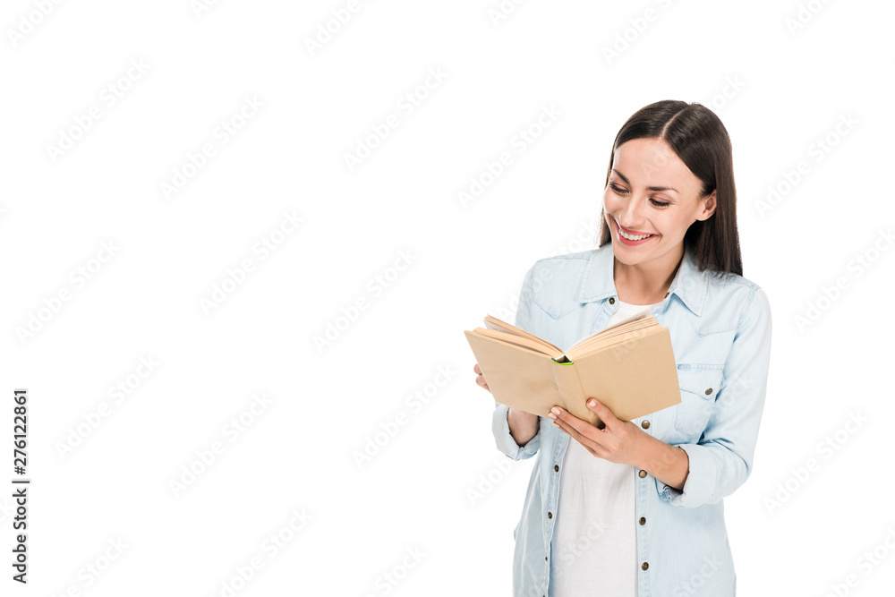 positive woman reading book isolated on white positive woman reading book isolated on white