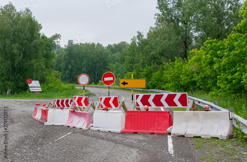 stop, detour, road signs, repair of the road on the country road closed for journey