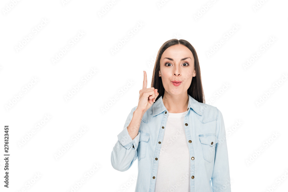 excited young woman showing idea gesture isolated on white excited young woman showing idea gesture isolated on white