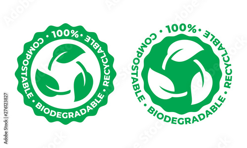 Biodegradable and compostable recyclable vector icon. Recycling, 100 percent bio recyclable package green leaf logo