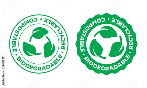 Biodegradable, compostable and recyclable vector icon. Recycling, Bio recyclable eco friendly package green leaf stamp logo