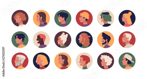 Collection of round profile portraits of young and elderly stylish men and women with various hairstyles. Bundle of funny people's heads or faces. Set of avatars. Flat cartoon vector illustration.