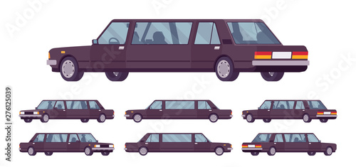 Limousine large, luxurious car set. Black expensive limo, classic comfortable vehicle for transportation service. Vector flat style cartoon illustration isolated on white background, different views