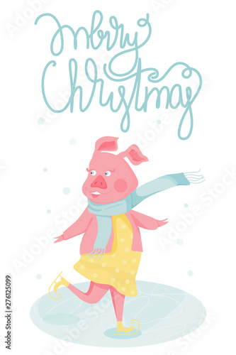 New Year greeting card with funny pig. Cute pig skate on the rink. Vector illustration.