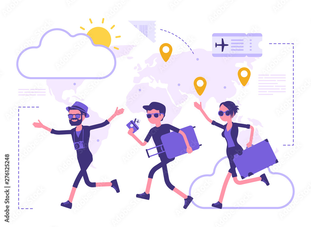 Travelling people take a trip. Group of tourists with luggage in a hurry to plane for air travel, running aircraft passengers. Vector abstract illustration with faceless character, map background
