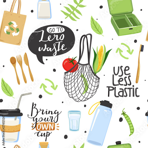 Seamless pattern with different eco objects and lettering phrases. Shopping bag, lunch box, cup, water bootle, toothbrush, cutlery, jar, vegetable etc. Texture for textile, wrapping paper etc. Vector.