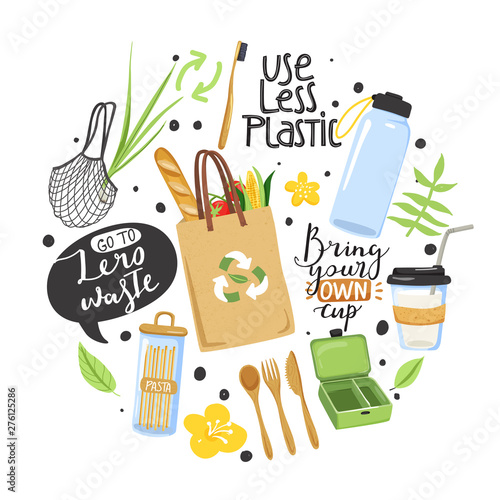 Zero waste concept. Set of various eco objects and lettering phrase. Shopping bag, water bootle, jar, lunch box, cup, cutlery, leaf etc. Vector illustration.