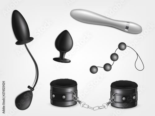 Sex toy for womans pleasure, adults erotic role play, BDSM sexual games 3d realistic vector set isolated on white. Inflatable butt plug, anal beads, vibrator or dildo, leather handcuff illustrations