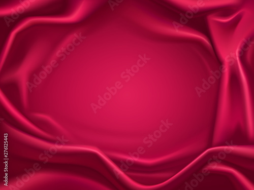 Romantic background of luxury, red satin, wavy crimson, silk fabric, delicate textile with folds and creases 3d realistic vector illustration with copy space. Elegant frame of luxurious, glossy tissue