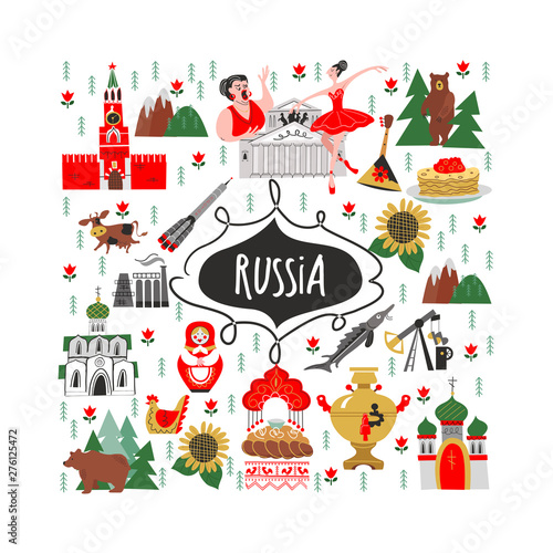 Russia. Sights of Russia and symbols of the country. Vector illustration. A set of elements to create your design.