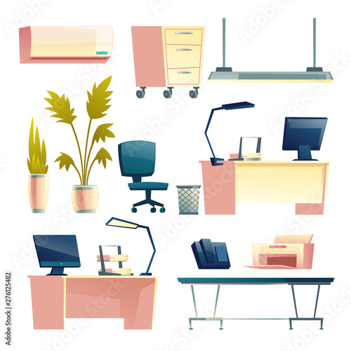 Modern office workplace furniture, equipment and supplies isolated cartoon vector set. Work desk with computer monitor, lamp and paper tray, plants in flowerpots, air conditioning unit illustration