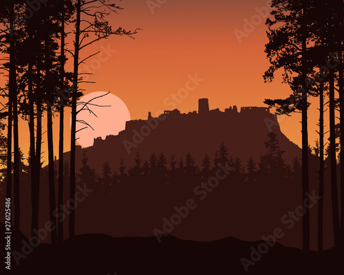 Realistic illustration of mountain landscape with coniferous forest and ruins of old castle on hill. Rising or setting sun or moon on red sky, vector