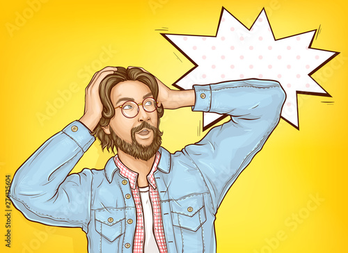 Confused and baffled man holding head in hands, looking with surprising on something, male customer shocked because of price discount offer pop art vector illustration. Sale promo banner template