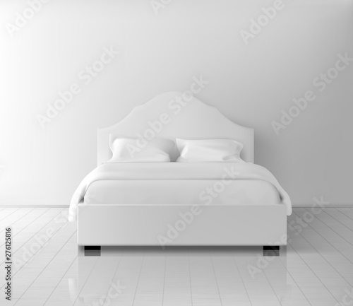 Double bed with two pillars and blanket in white linen bedding standing on plank, laminate flooring near wall realistic vector. Home, apartment bedroom furniture element in classic style illustration