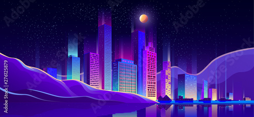 Metropolis on seacoast cartoon vector background with glowing at night, fluorescent neon illumination modern architecture skyscrapers buildings, cottage houses on city beach, embankment illustration