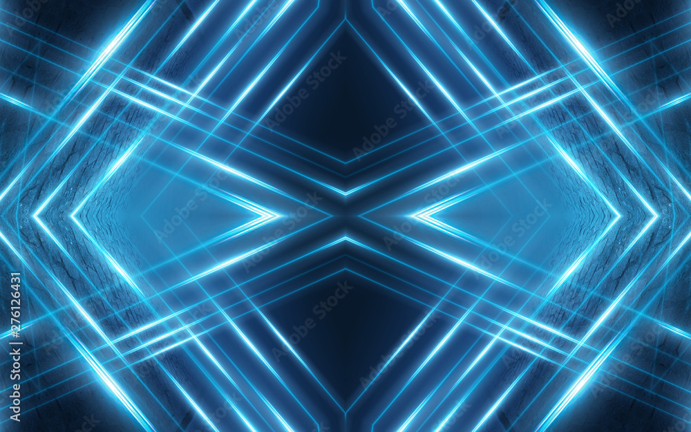 Dark abstract futuristic background. Neon lines glow. Neon lines, shapes. Blue glow Dark abstract futuristic background. Neon lines glow. Neon lines, shapes. Blue glow