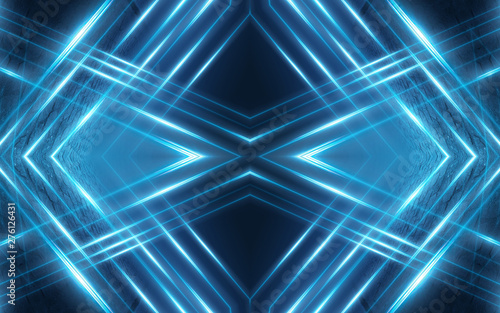 Dark abstract futuristic background. Neon lines glow. Neon lines, shapes. Blue glow