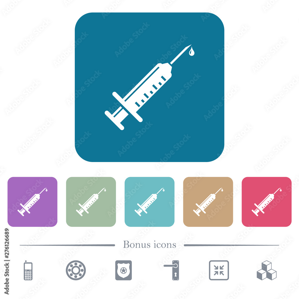 Syringe with drop flat icons on color rounded square backgrounds Syringe with drop flat icons on color rounded square backgrounds