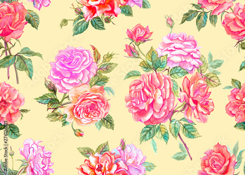 Seamless pattern of lush bouquets of roses on a yellow background, watercolor illustration.