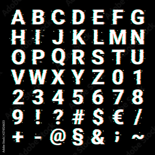 Vector illustration of a font with letters, numbers, signs, and symbols.