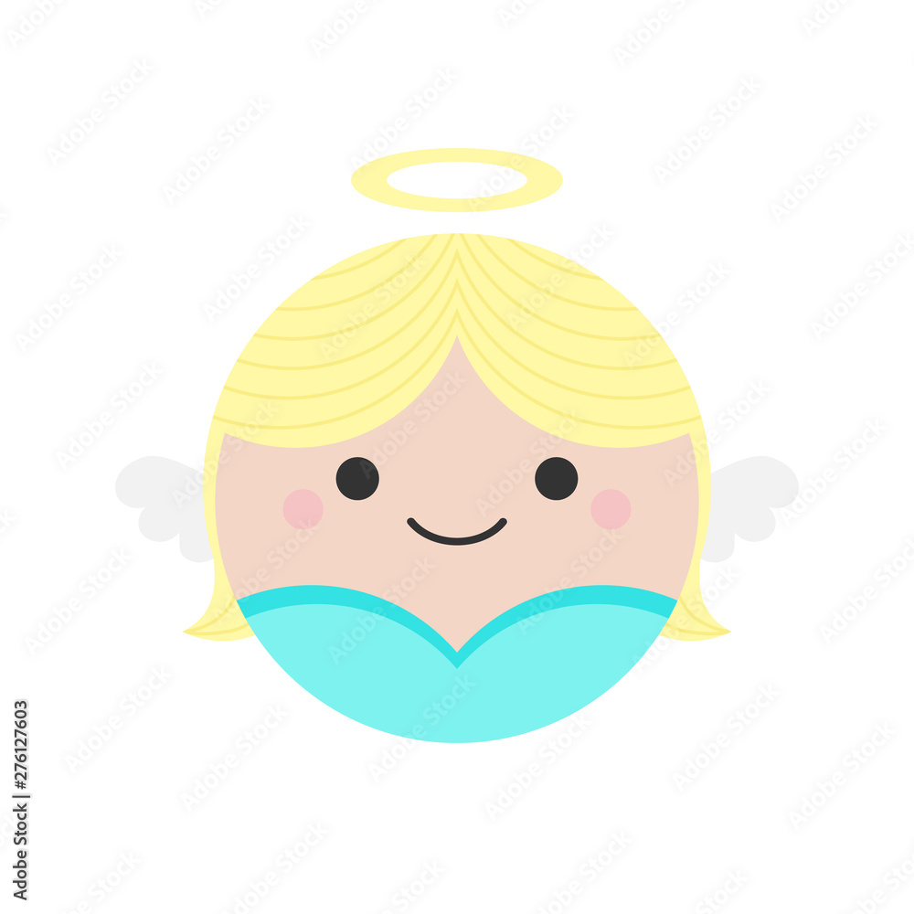Cute angel round graphic vector icon. Angel with blonde hair, blue dress, wings and halo. Fairytale creature, heaven character head, face illustration. Isolated. Cute angel round graphic vector icon. Angel with blonde hair, blue dress, wings and halo. Fairytale creature, heaven character head, face illustration. Isolated.