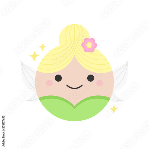 Cute fairy round graphic vector icon. Fairy with blonde hair  green dress and wings. Fairytale creature  magical character head  face illustration. Isolated.