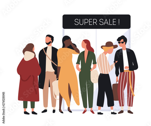 People dressed in fashionable clothes standing in line or queue near store entrance doors