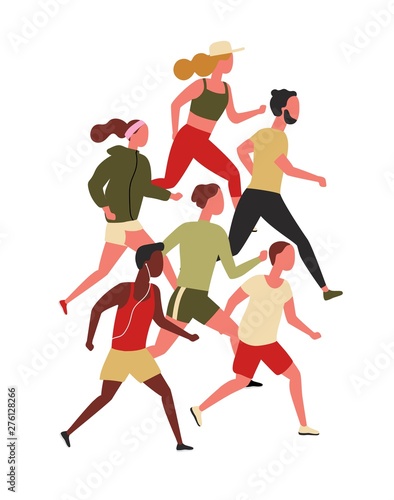 Cute men and women dressed in sportswear jogging or running. Male and female athletes taking part in sports competition or marathon race. Healthy activity. Flat cartoon colorful vector illustration.