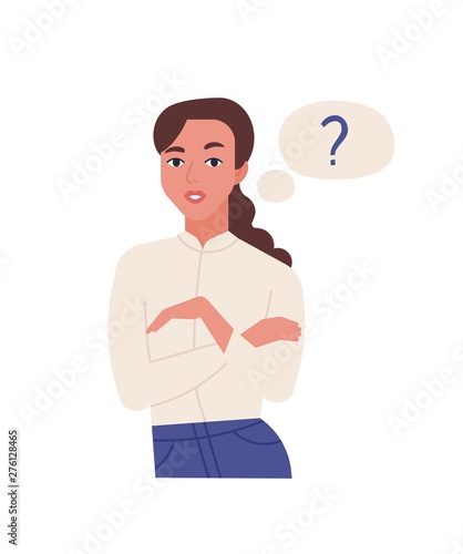 Portrait of cute young thinking woman isolated on white background. Female of...