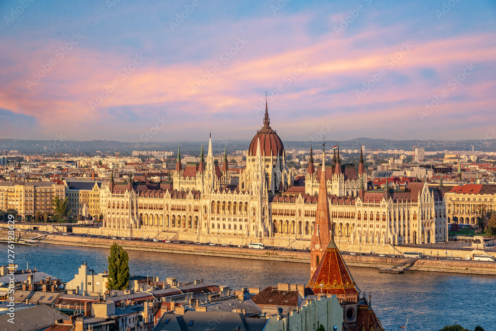 Aerial view of Budapest parliament andt the Danube river at sunset, Hungary